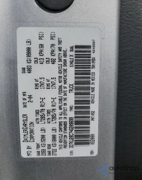 2004 Dodge Ram 2500 St from USA, damaged, VIN 3D7KU28C74G209699